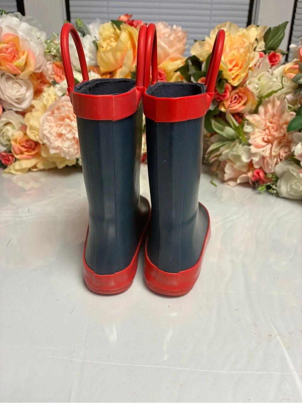 Kids Rain Boots Navy Red Pull Handles Size 7 Mid Calf Round Toe